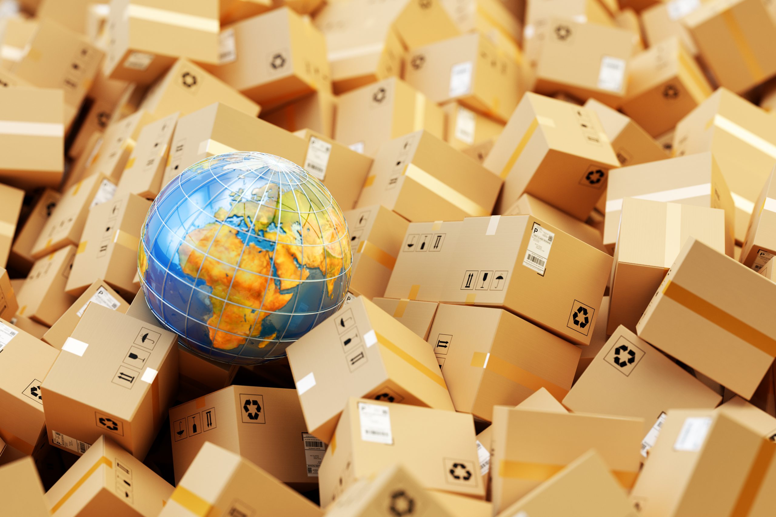 Distribution warehouse, international package shipping, global freight transportation concept Background with heap of cardboard boxes, parcels and Earth globe.